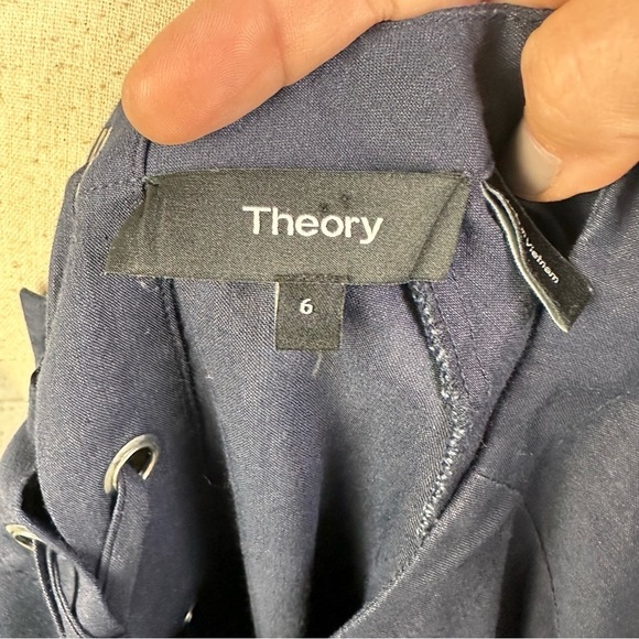 Theory Navy Blue Lace Back Raglan Shift Dress Linen Blend Size 6 Knee Length - Picture 7 of 9